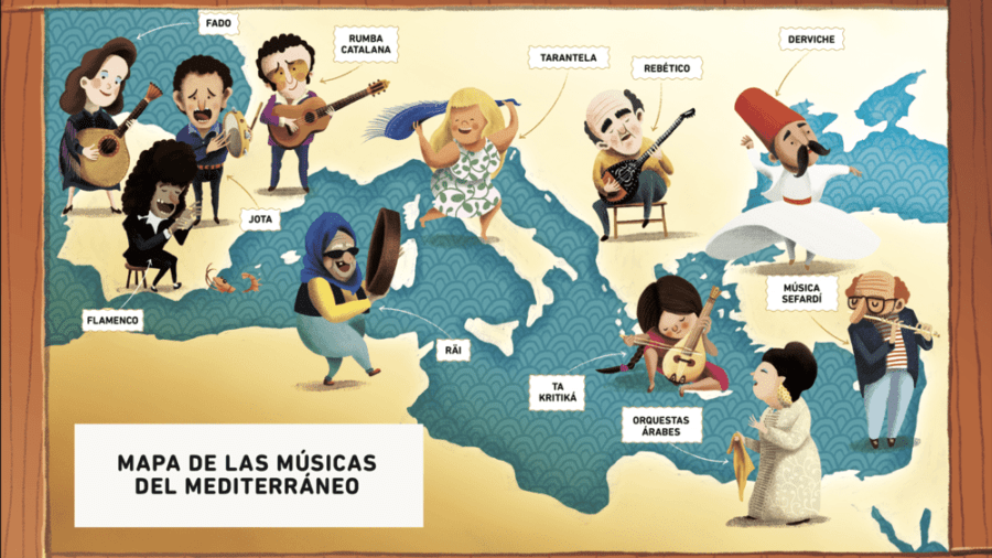 Mapa sobre las músicas del Mediterráneo, incluido en el libro 'Mediterráneo, un mar de músicas'.