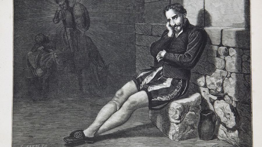 Cervantes en la prisión imaginando el Quijote, obra de V. Barneto.
