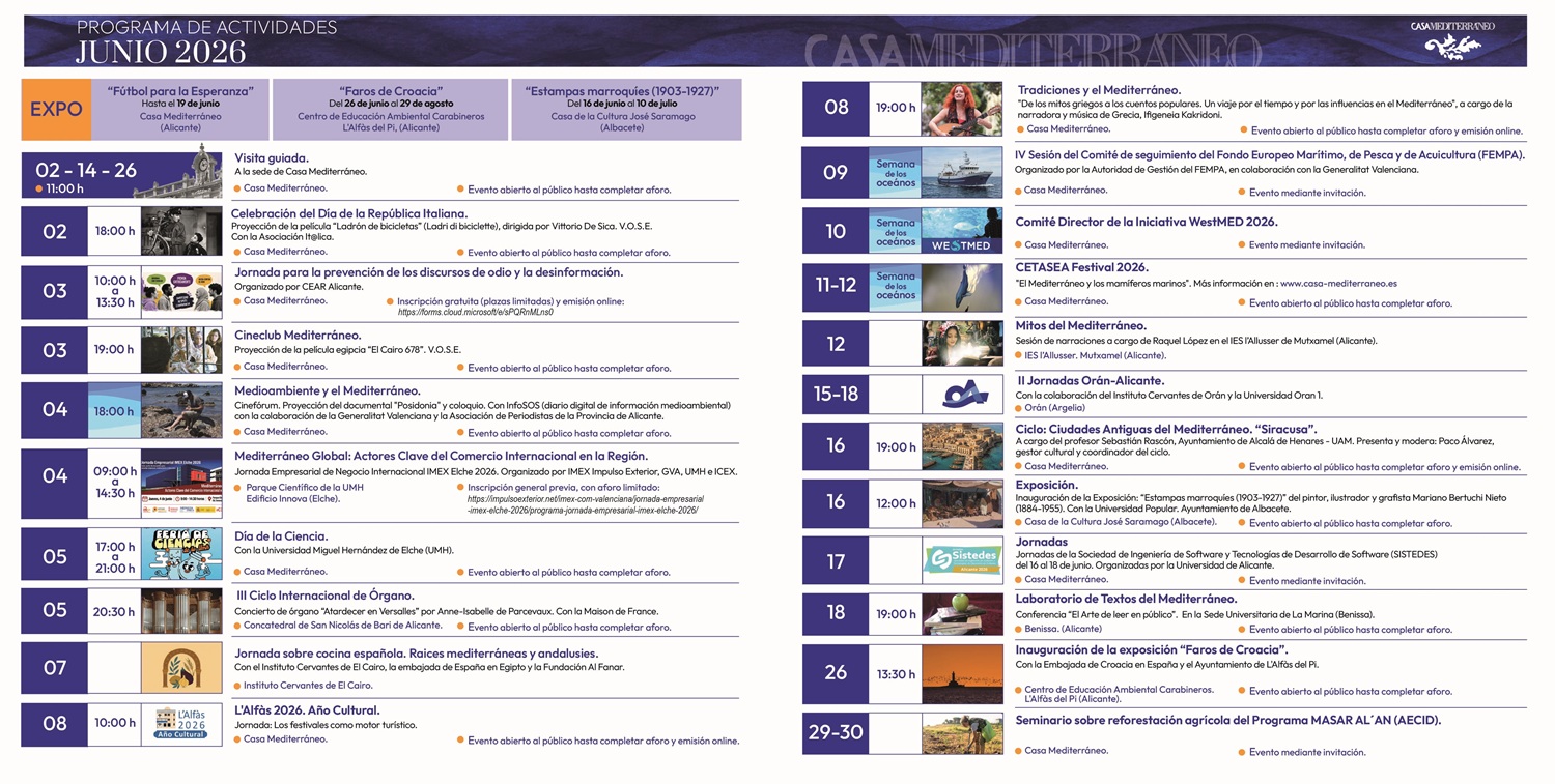 De Alicante a Orán y El Cairo: Casa Mediterráneo despliega un junio repleto de cine, grandes citas culturales y «compromiso azul»